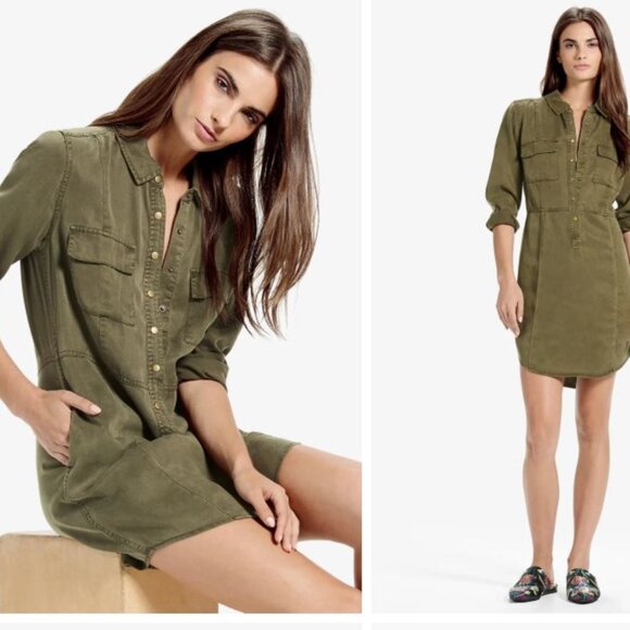 LUCKY BRAND Military Shirt Dress Sz L Army Olive Green Utility Button Up Pockets - Picture 1 of 10